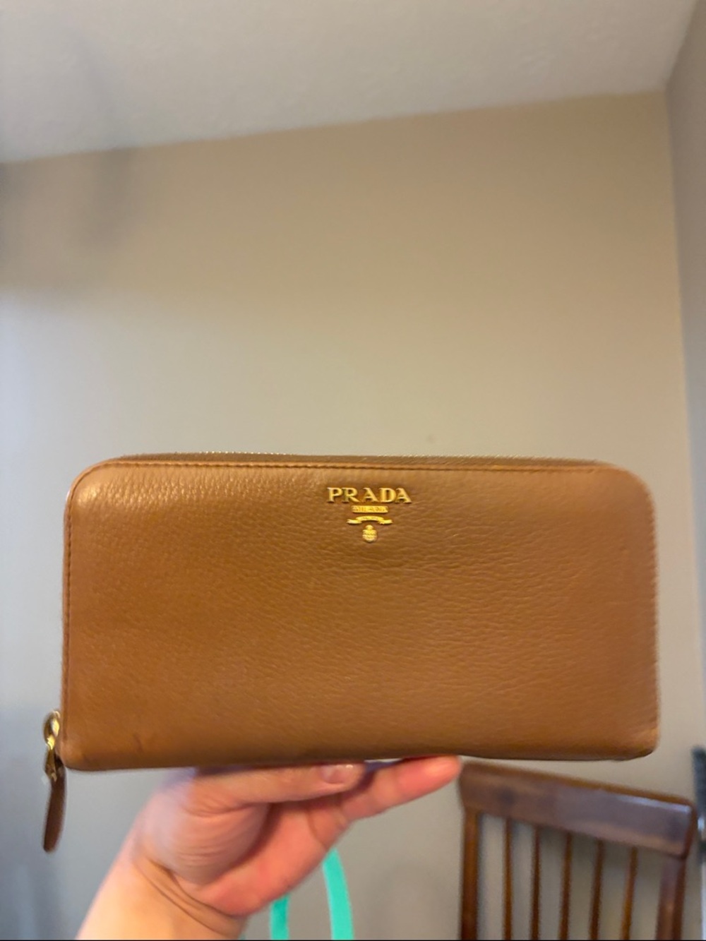 Prada Brown Leather Zip Around Wallet with Gold Logo